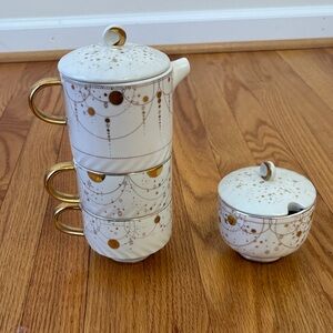 Anthropologie Elegant Gold and White 4 Piece Stacking Tea Set